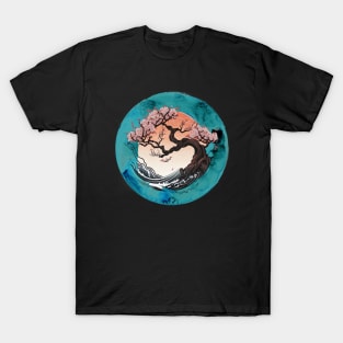 Ocean Waves Teal Pink Cherry Blossom T-Shirt